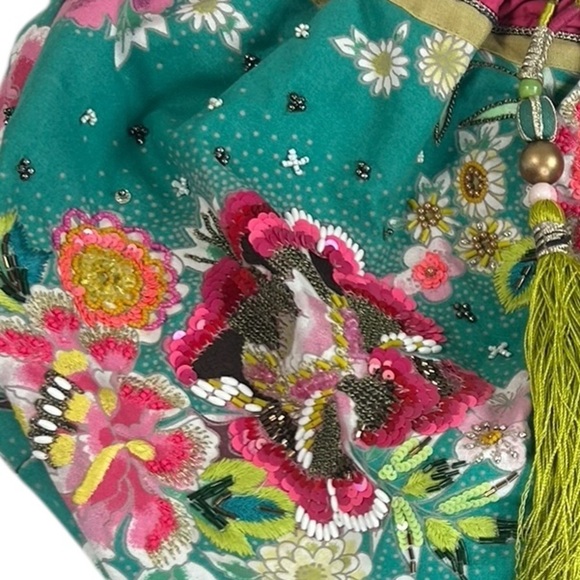 Accessorize Italian Venetian Green Pink Tote Shoulder Bag Tassel Bead Sequin - Picture 3 of 11